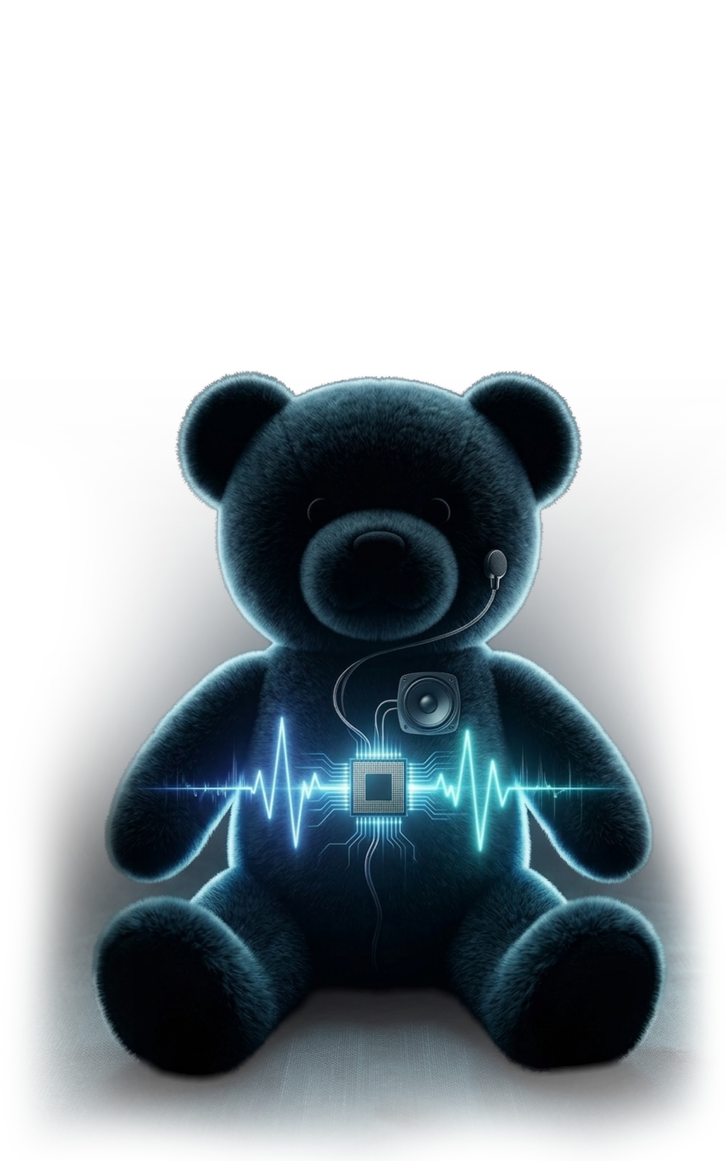 A teddy bear with a glowing circuit and waveform across its chest
